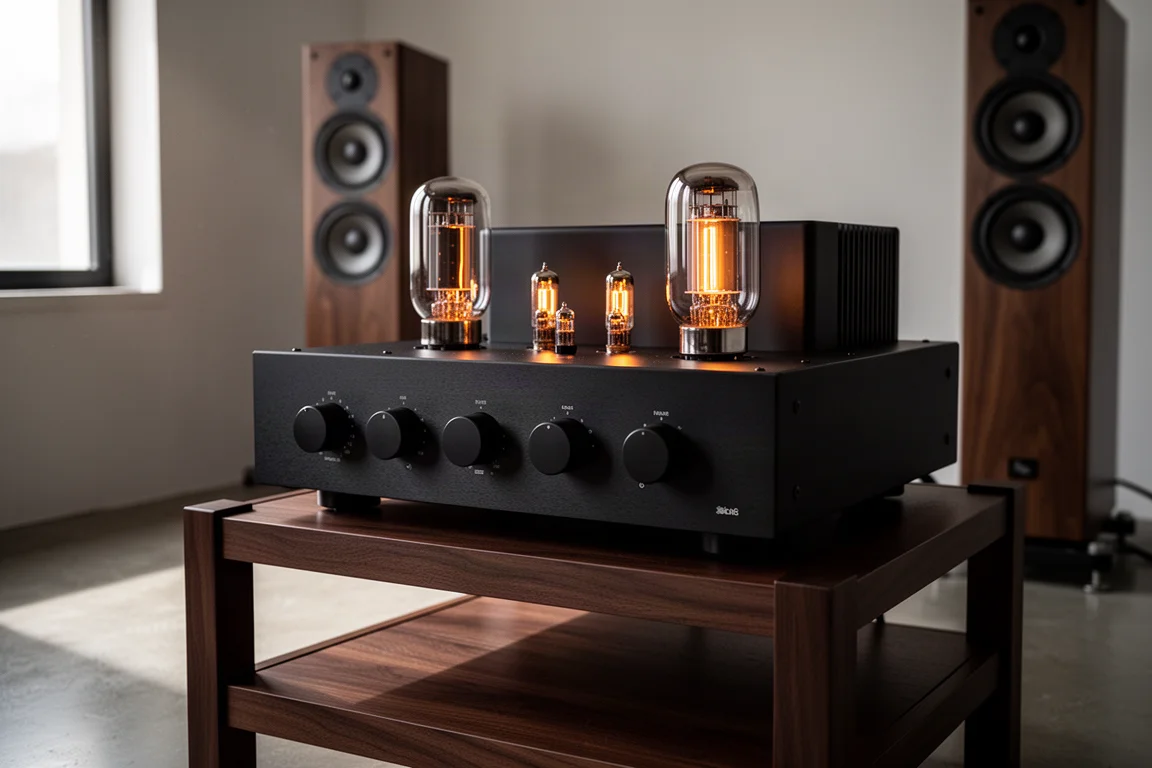 Black 300B tube integrated amplifier with four front knobs on a wooden rack in a listening room
