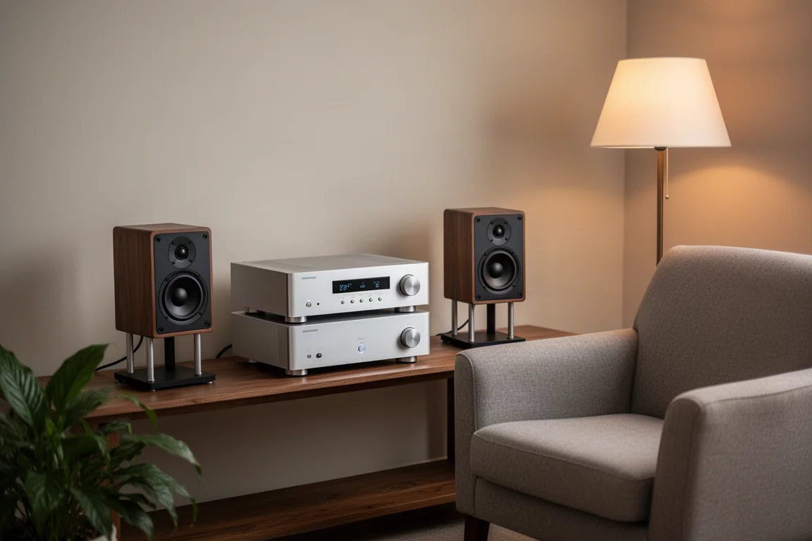 Equipo hi-fi compacto y altavoces pequeños sobre soportes en un salón doméstico tranquilo