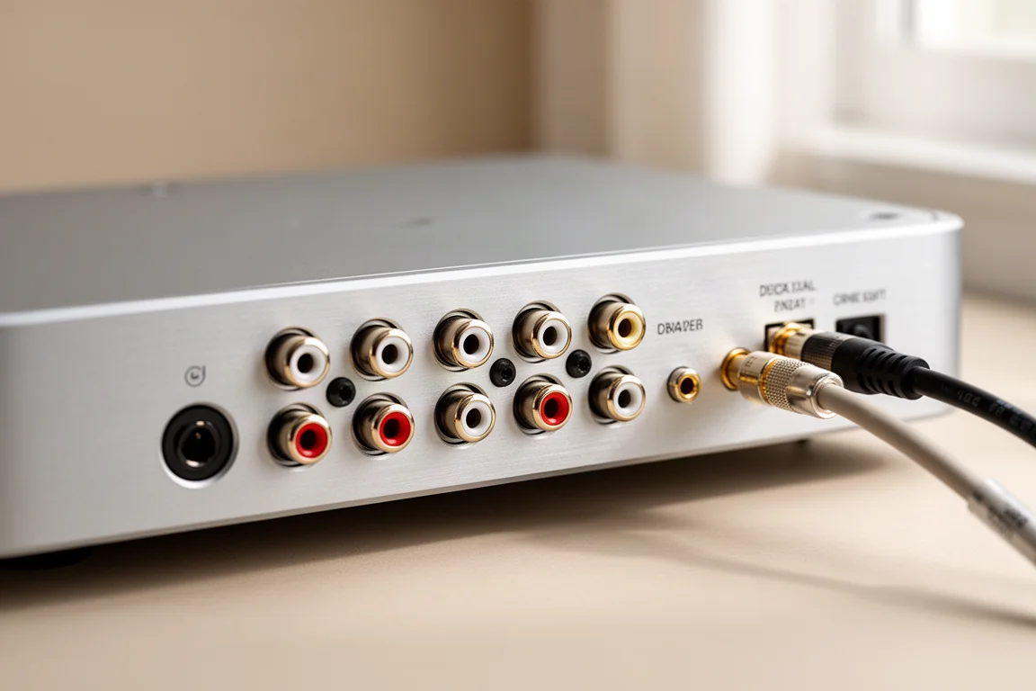 Primer plano del panel trasero de un componente de audio plateado con conectores RCA y un cable coaxial