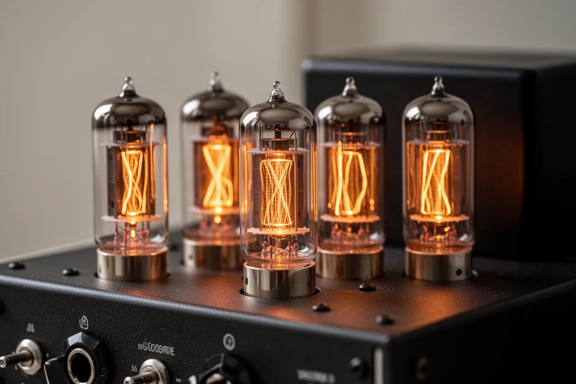 Cuatro válvulas de vidrio brillando con un ámbar cálido dentro de un amplificador pequeño