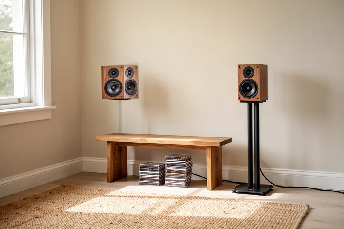 Altavoces sobre soportes en un salón luminoso con un banco bajo y una pila de CD