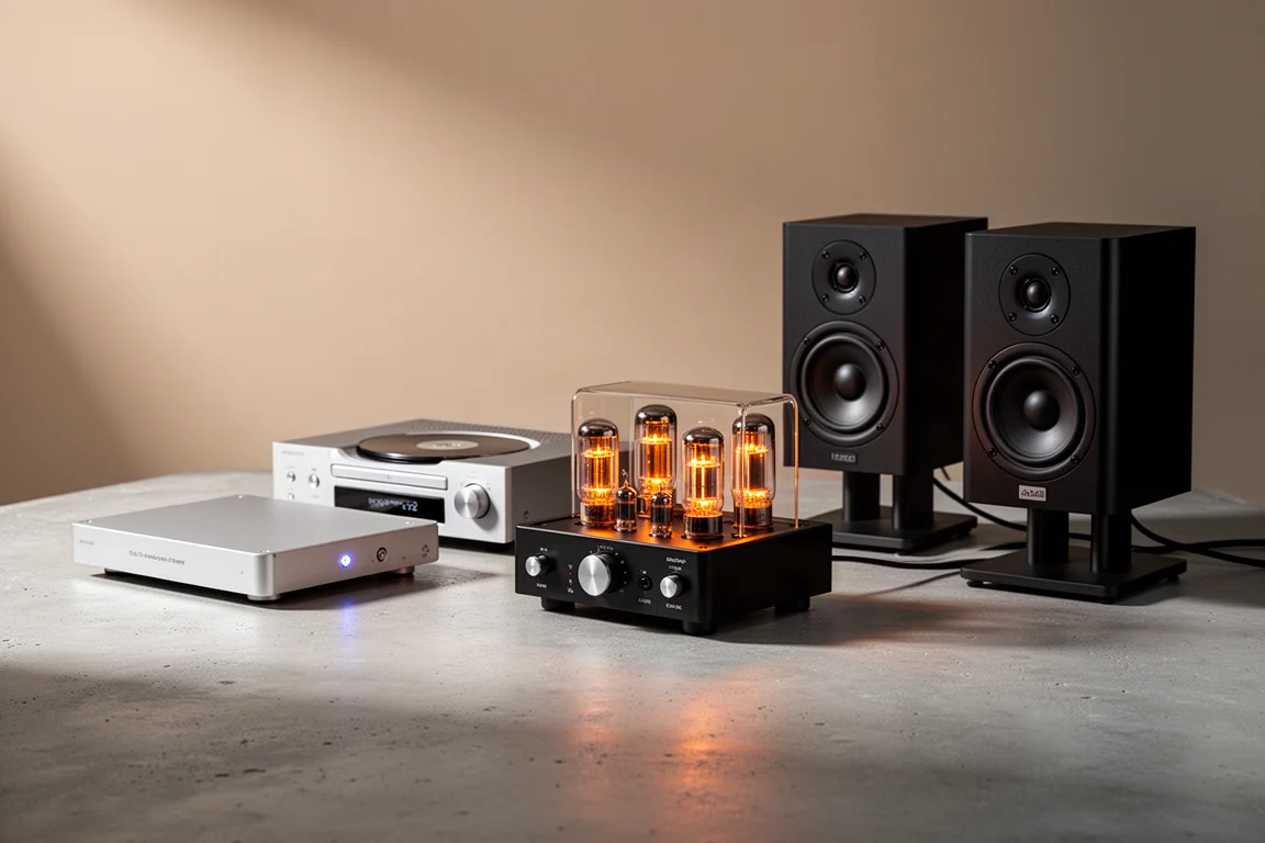 Four-piece silver and black hi-fi system with small speakers on stands and a tube amplifier