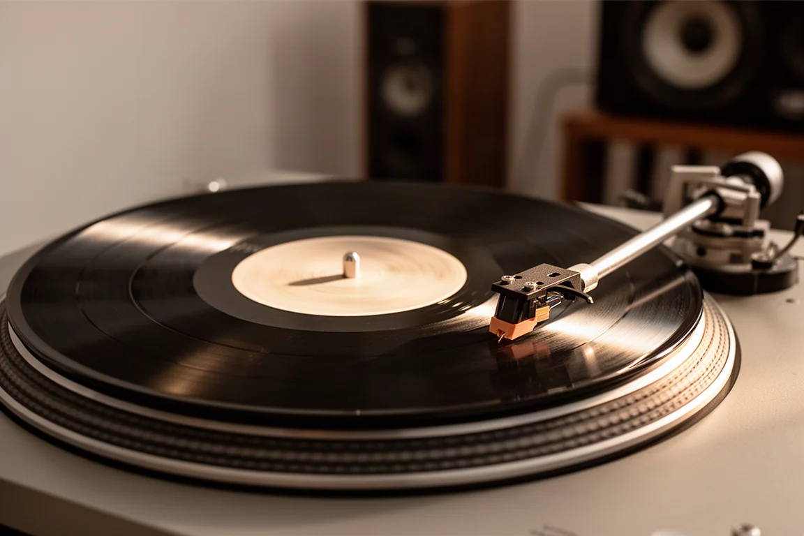 Disco de vinilo girando en un tocadiscos con la aguja apoyada en el surco