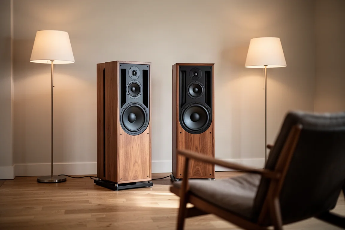 Altavoces de baffle abierto en una sala de escucha con luz tenue y una lámpara de pie
