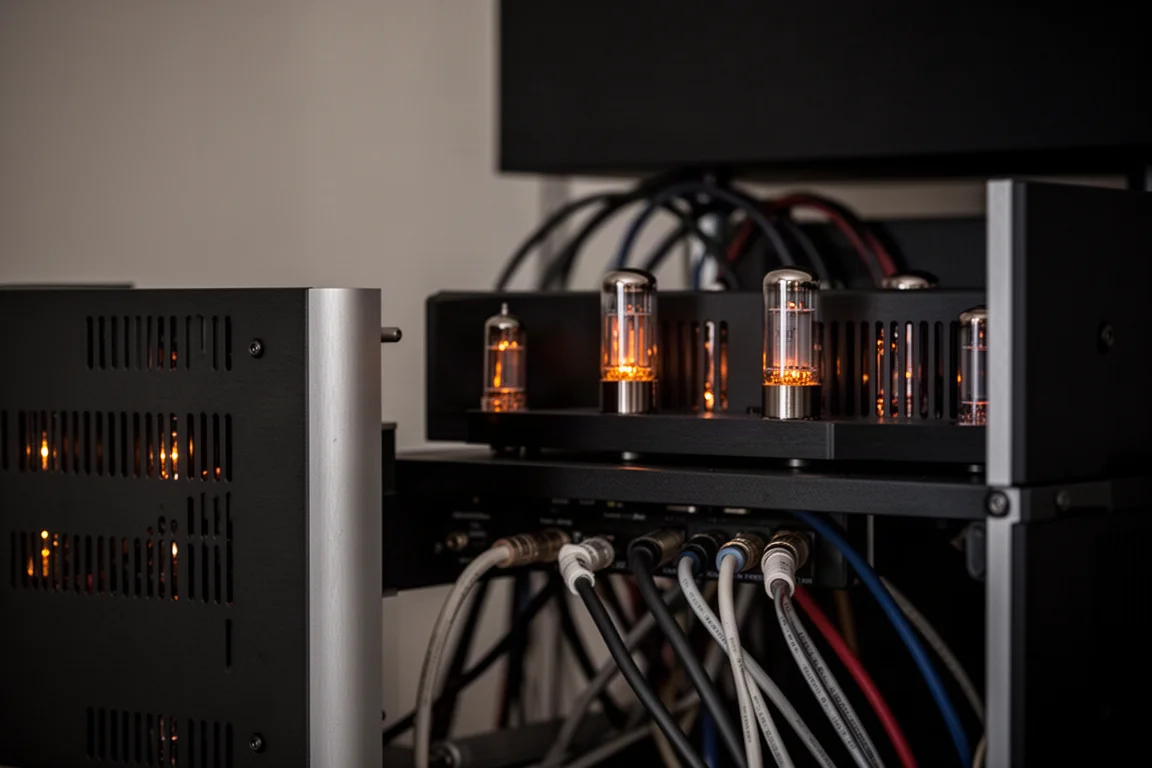 Resplandor ámbar de las válvulas visible dentro de un amplificador en un rack de audio oscuro