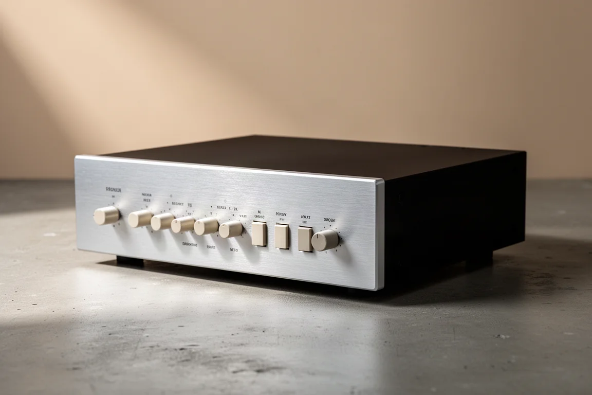 Vintage tube preamplifier with brushed aluminum front panel on a concrete surface