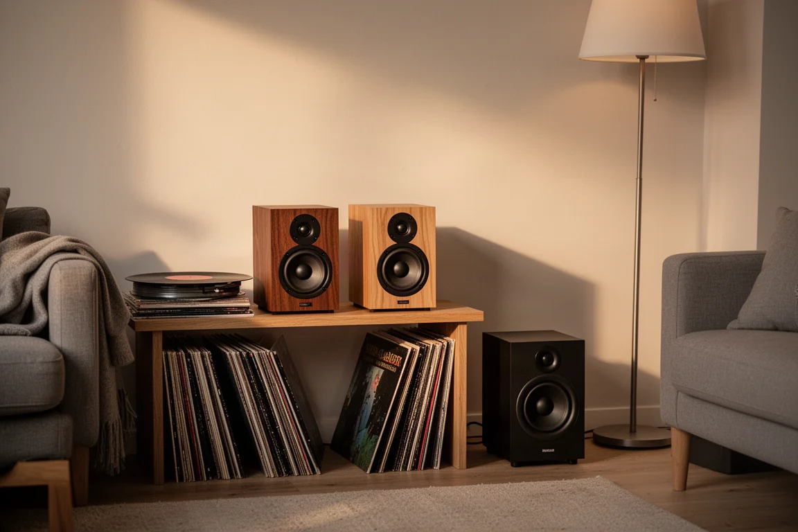 Kleine Desktop-Lautsprecher mit kompaktem Subwoofer in einer warmen Wohnzimmerecke