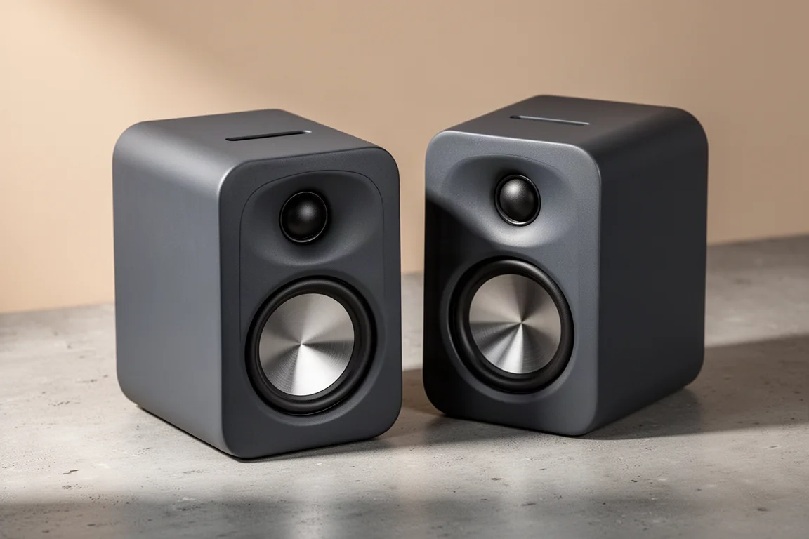 Pair of compact dark grey desktop speakers with dome tweeter and aluminum cone driver
