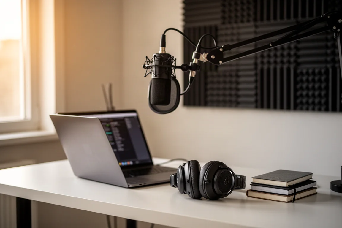 Home studio desk with a microphone on a boom arm, laptop, and headphones