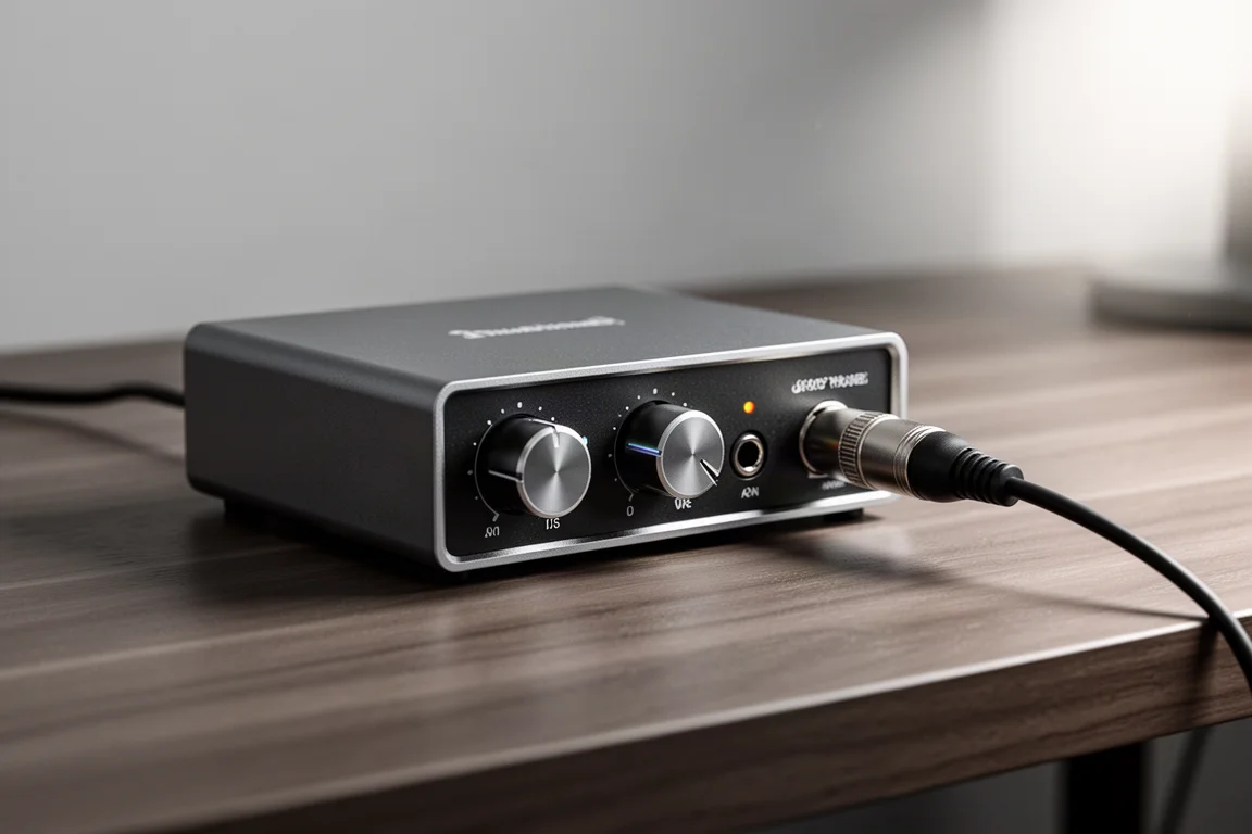 Close-up of an audio interface on a desk with an XLR cable plugged in