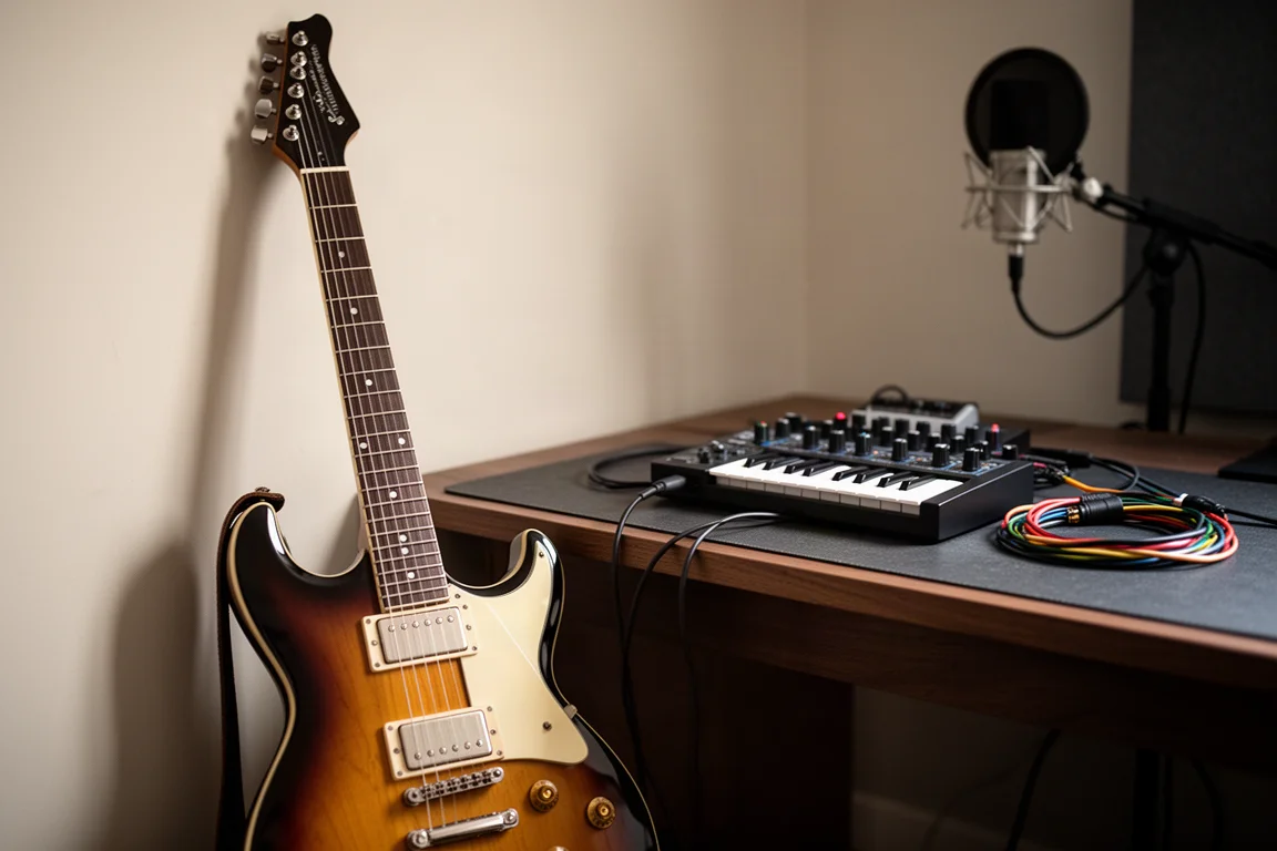 Electric guitar and keyboard beside a desk with cables and a microphone stand