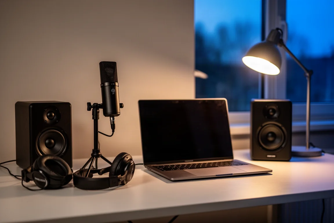 Evening desk setup with microphone, headphones, and small studio speakers