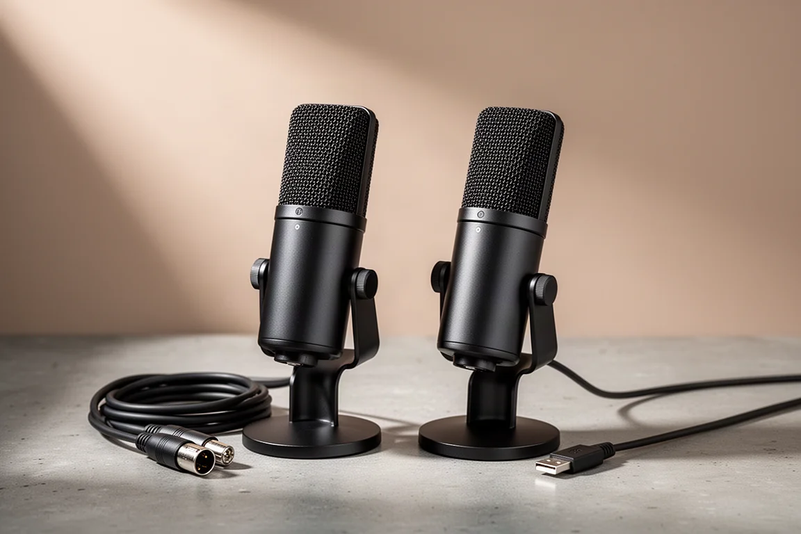 Two black condenser microphones on a concrete surface, one with an XLR cable and one with a USB cable