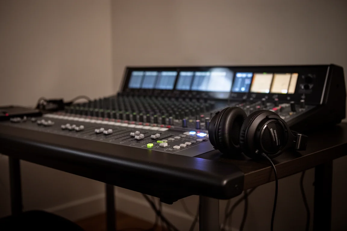 Svagt belyst studiodisk med ett mixerbord och slutna hörlurar som vilar på kanten