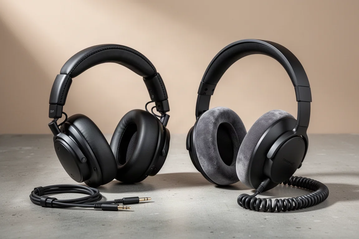 Two pairs of closed-back studio headphones side by side on a concrete surface