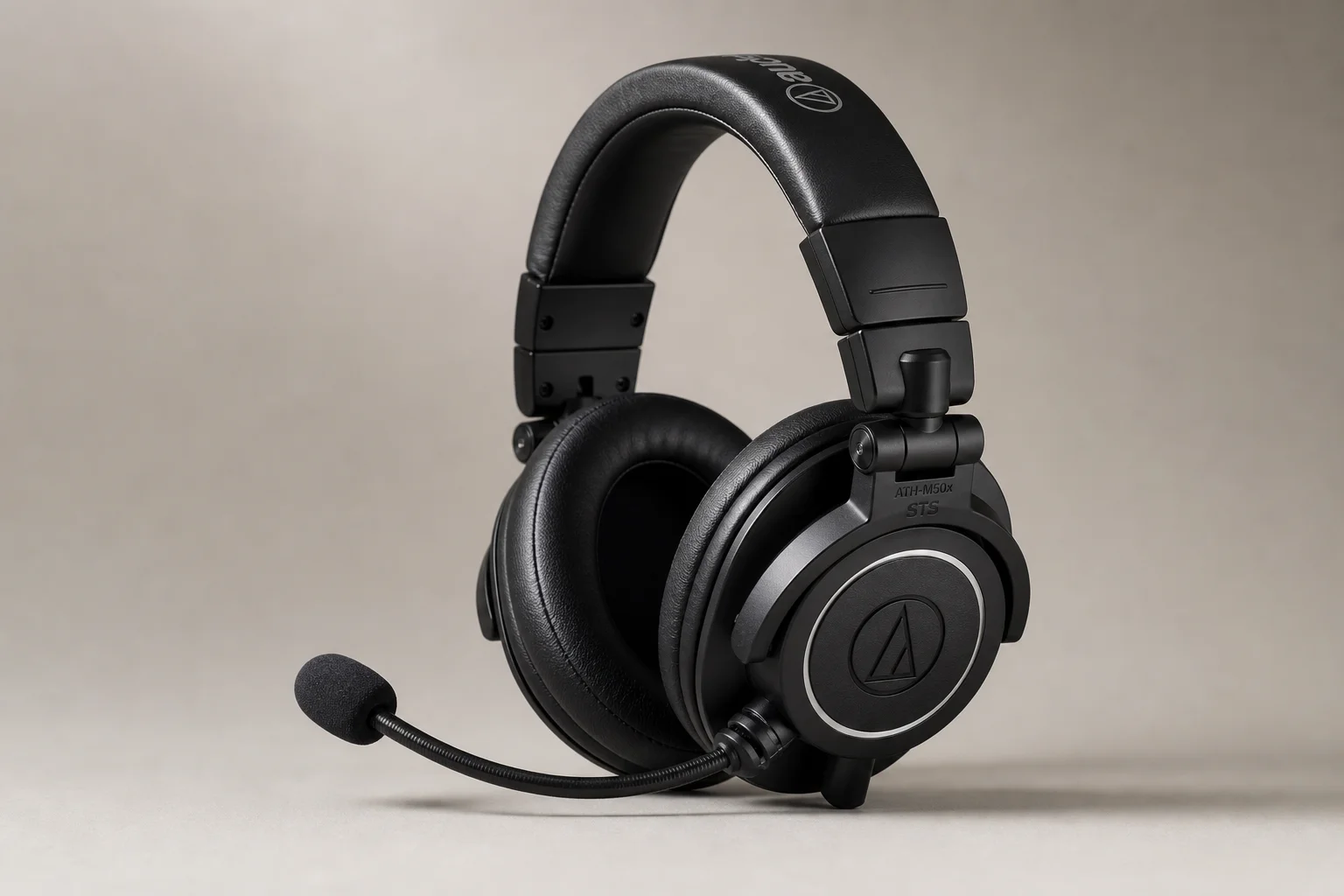 Audio Technica ATH-M50x STS 電競耳機，配備整合式麥克風，置於中性背景前