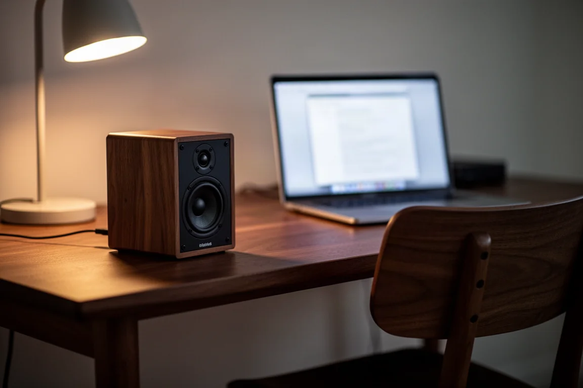 Lyssningsscen på skrivbordsnivå med en kompakt högtalare på ett träskrivbord i skymningen