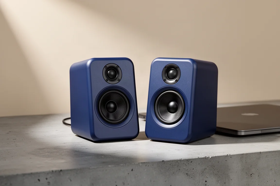 Compact blue powered desktop speakers angled inward on a concrete surface beside a laptop
