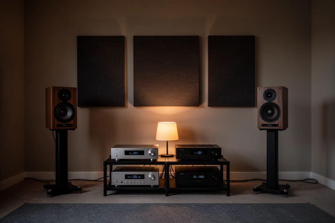 Ruhiger Hörraum in der Dämmerung mit Lautsprechern beiderseits eines niedrigen Hi-Fi-Racks
