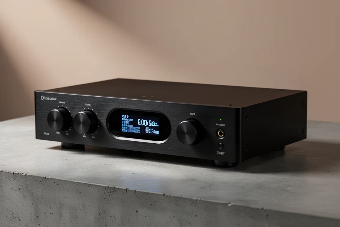 Slim black Audiolab 6000A MkII integrated amplifier with OLED display on concrete surface