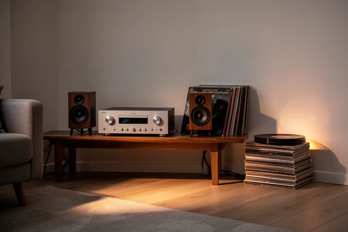 Gramofon, wzmacniacz i kolumny w ciepłym, minimalistycznym pokoju odsłuchowym o zmierzchu