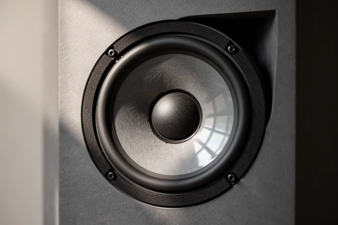 Zbliżenie na przetwornik kolumny hi-fi ze zdjętą siatką