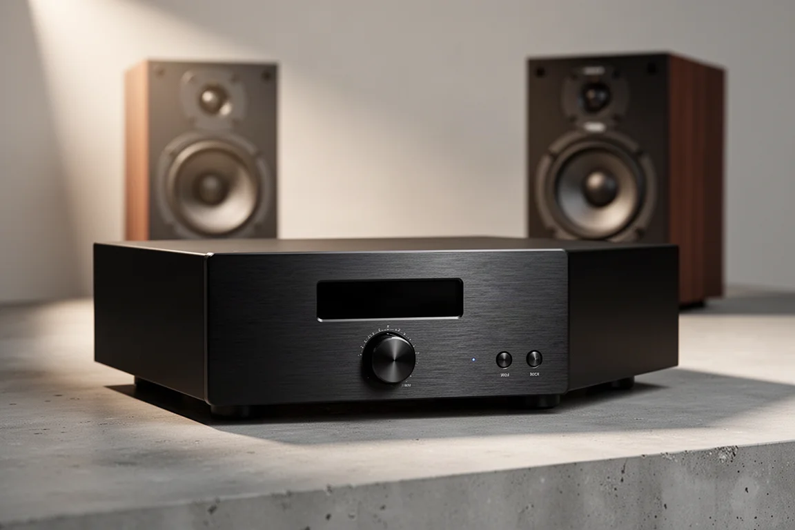 Silver aluminium integrated hi-fi amplifier with three rotary controls on a concrete shelf