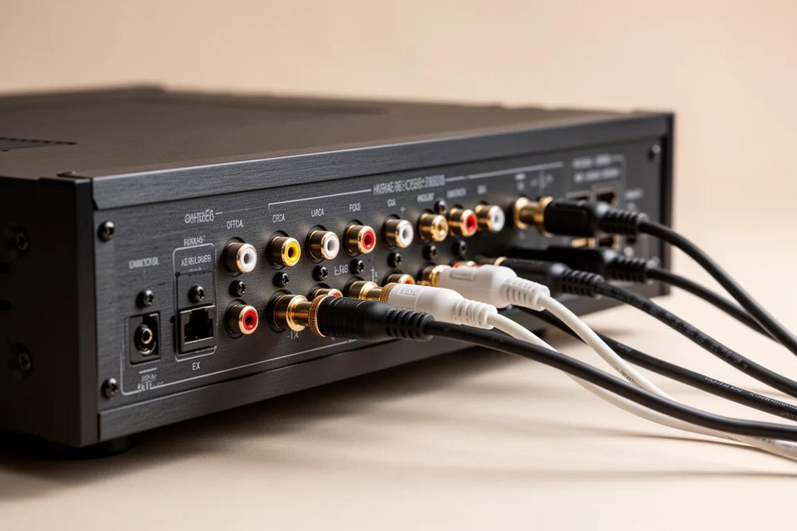 Panel trasero de un amplificador estéreo con conexiones analógicas y HDMI ordenadas