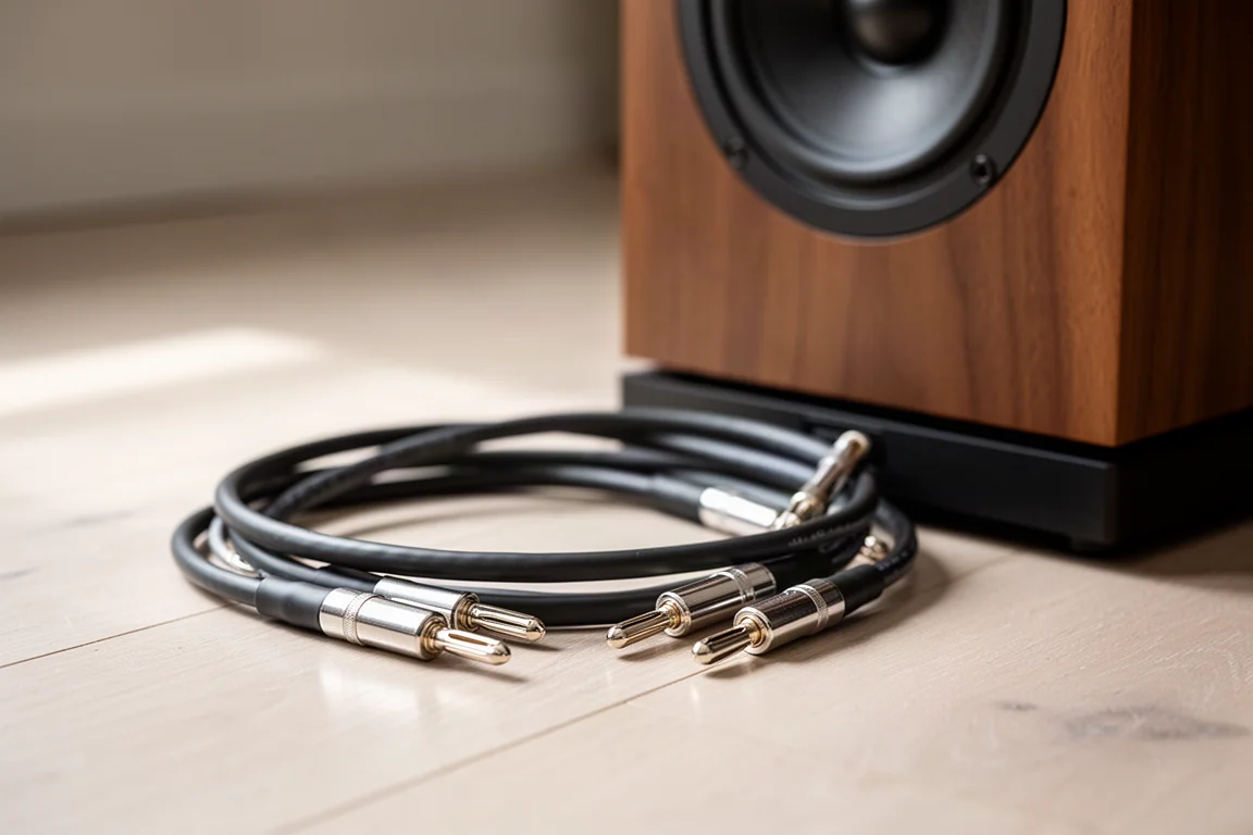 Dos altavoces de estantería y un subwoofer alrededor de un mueble de TV en un piso moderno