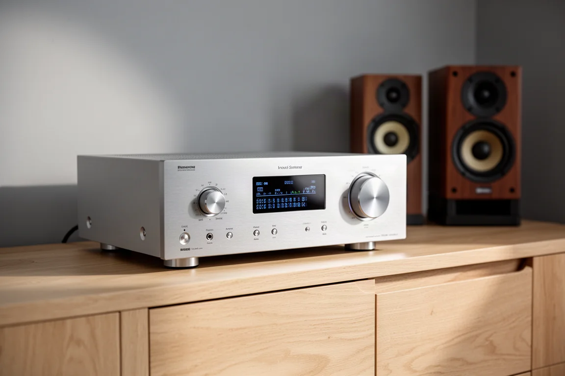 Slim silver-grey stereo integrated amplifier with a circular volume knob on a concrete surface
