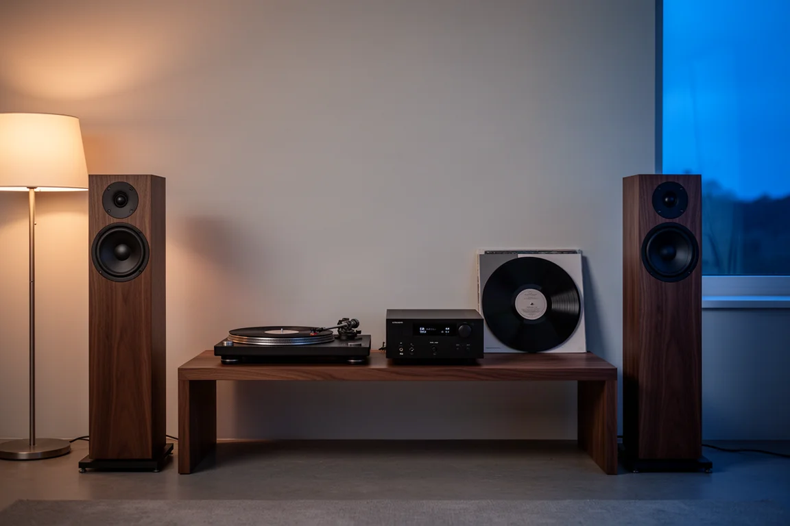 Sala d'ascolto essenziale al crepuscolo con giradischi, componente hi-fi e diffusori