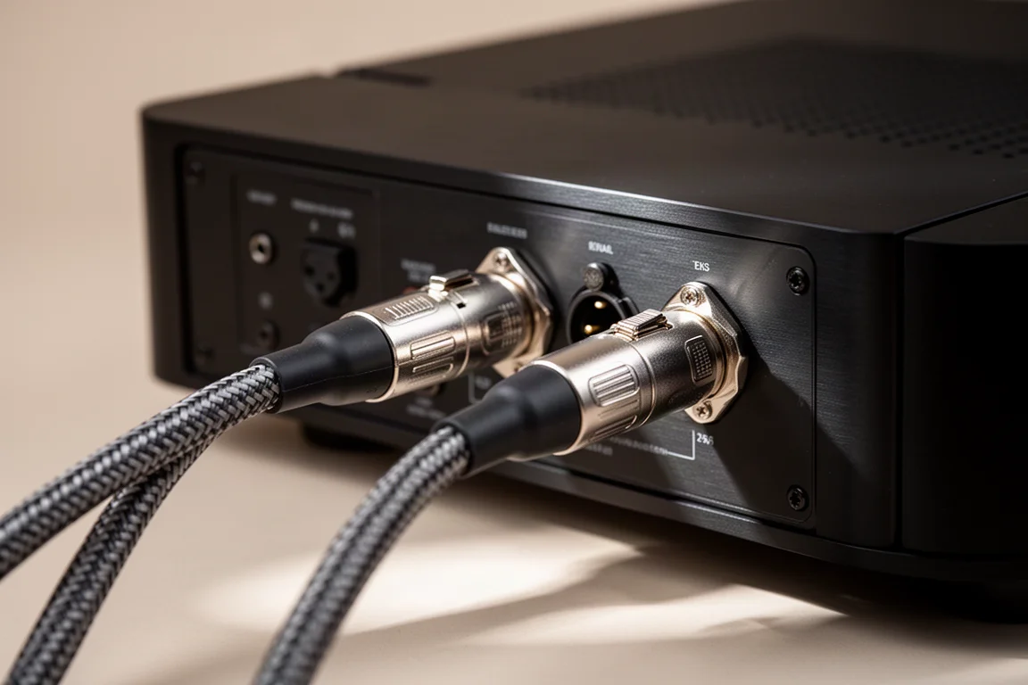 Cavi XLR bilanciati collegati al pannello posteriore di un componente hi-fi nero