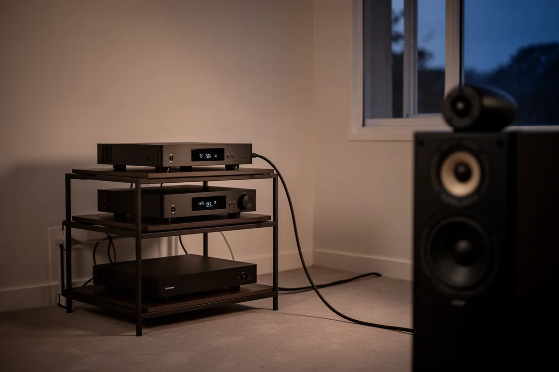 Due componenti hi-fi neri e sottili impilati su un rack nella luce serale