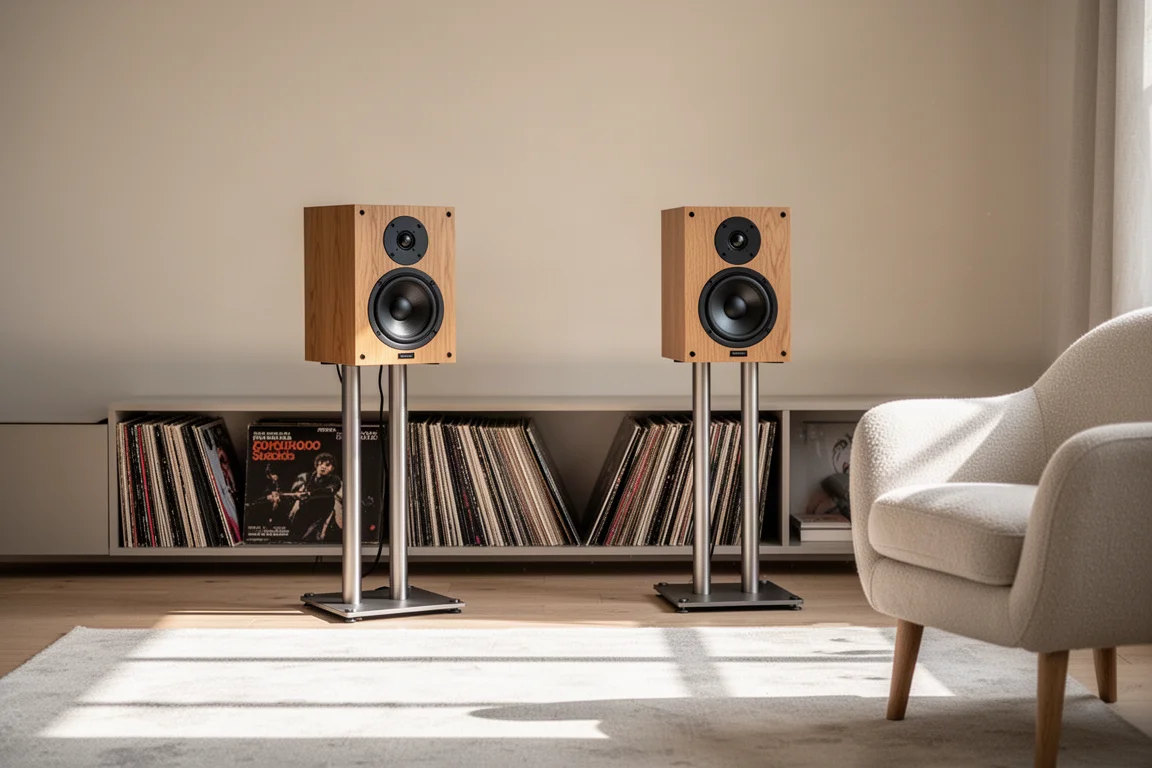 Diffusori da scaffale compatti su stand in un soggiorno illuminato dal sole con vinile