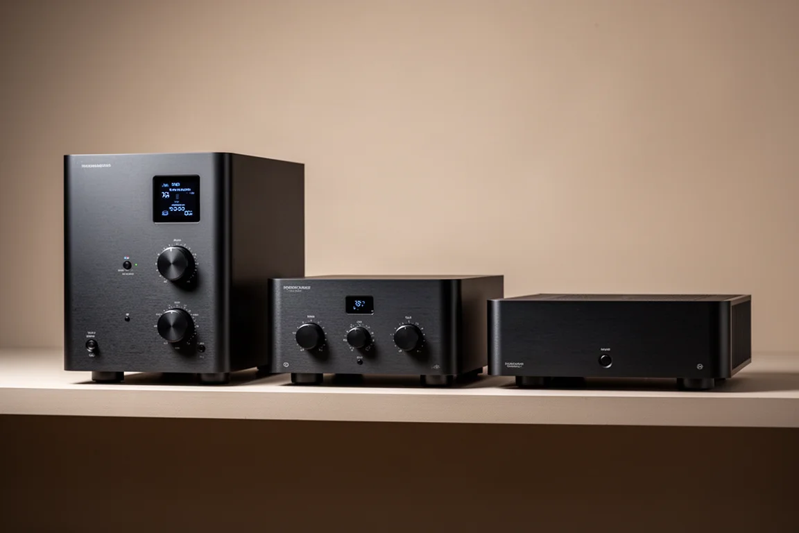 Three black hi-fi components arranged on a neutral studio backdrop