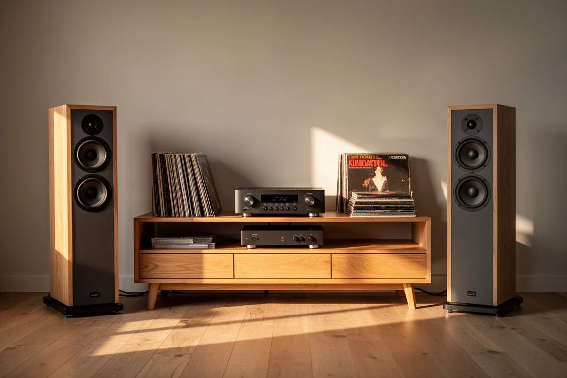 Floorstanding speakers and an amplifier in a warm listening room at golden hour