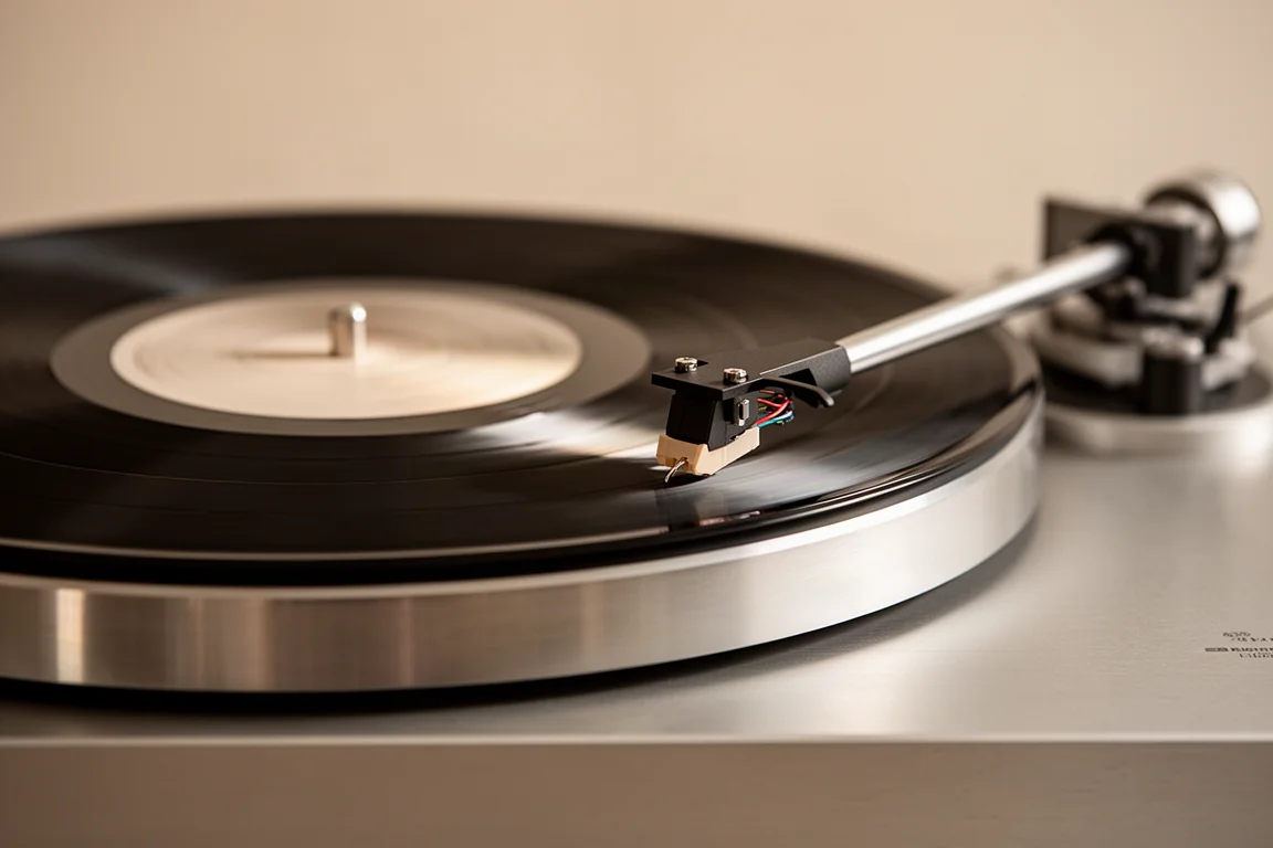 Close-up of a vinyl record spinning beneath a tonearm on a turntable platter