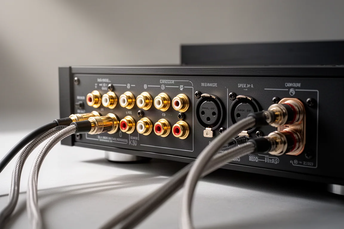 Rear panel of an amplifier showing RCA sockets, XLR connectors and binding posts