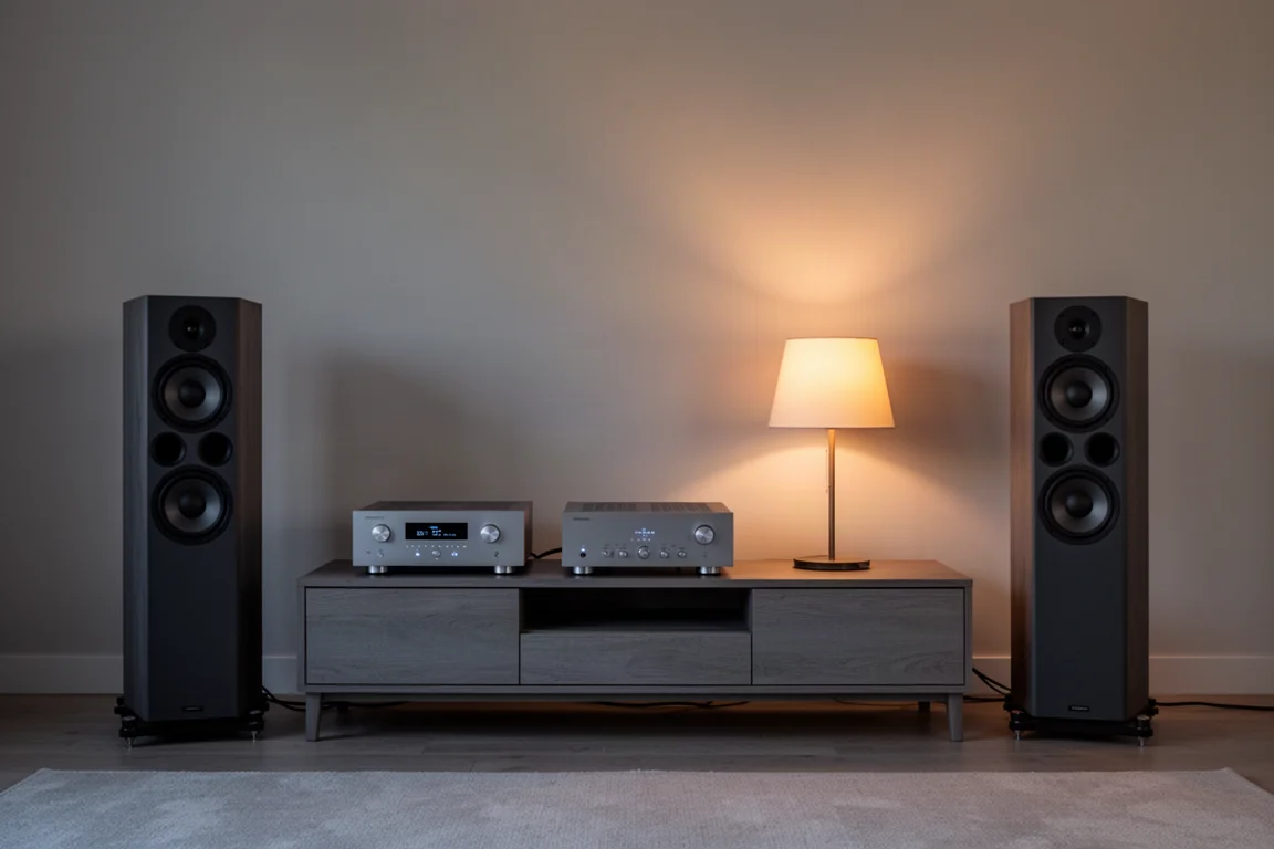Living room hi-fi setup with floorstanding speakers and warm lamp light at dusk