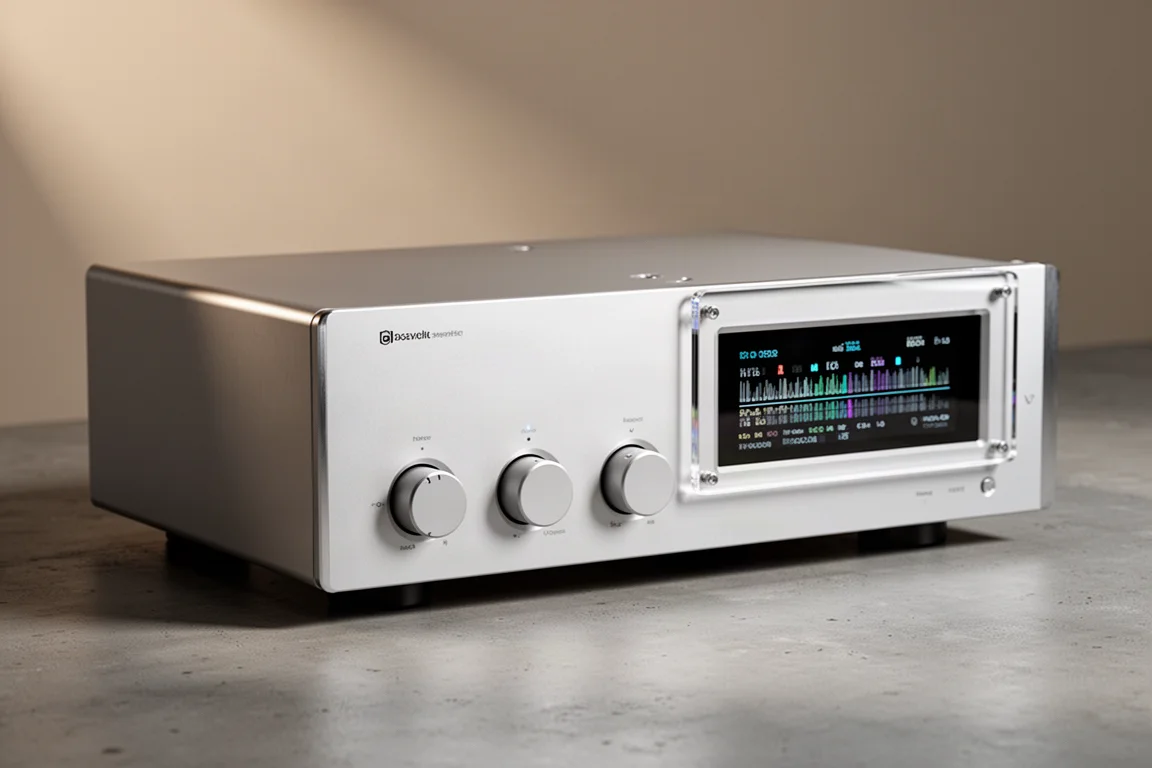 Silver hi-fi integrated amplifier with three control knobs and a colour display