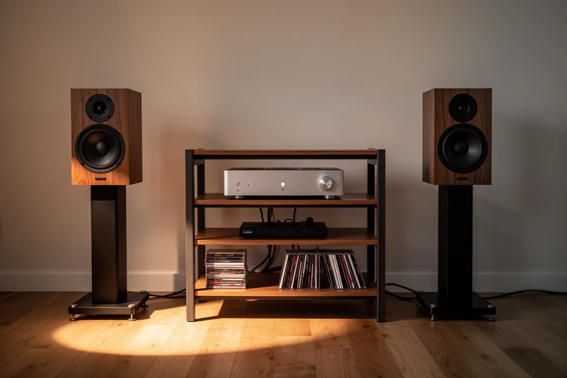 夜晚客廳中的 Hi-Fi 音響架,搭配喇叭與 CD 收藏