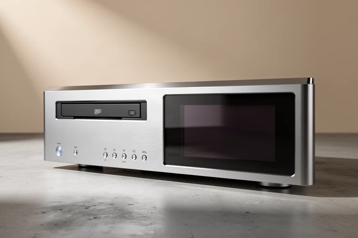 Slim silver all-in-one hi-fi system with a large display panel and slot-loading CD tray