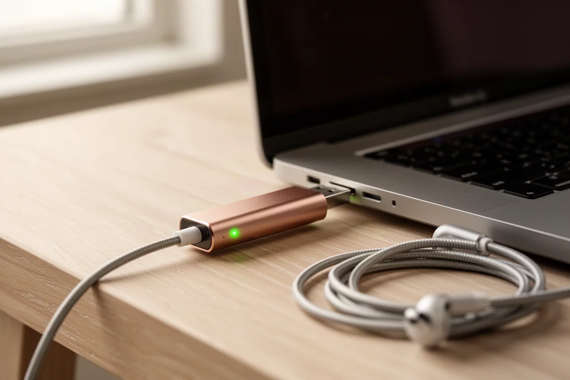 옅은 오크 책상 위에서 노트북 포트에 꽂힌 슬림 USB 동글 DAC과 둘둘 감긴 헤드폰 케이블