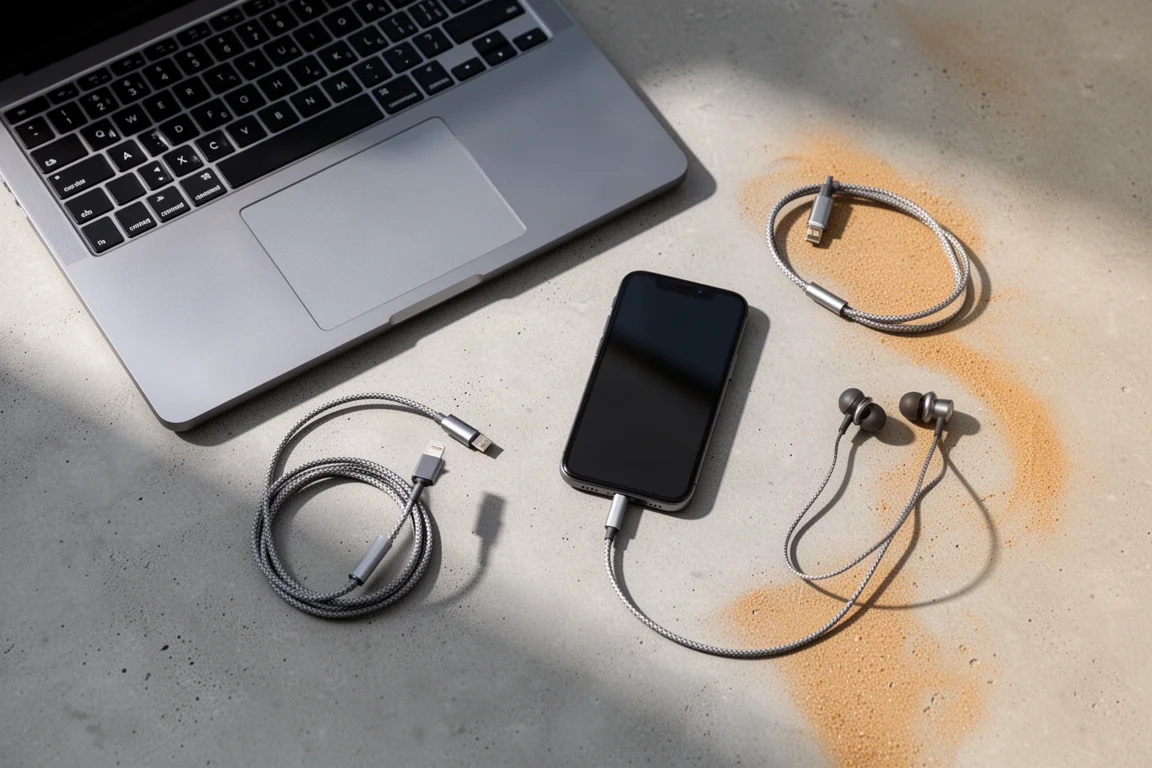 콘크리트 바닥 위에 노트북, 스마트폰, 슬림 USB 어댑터 케이블, 인이어 헤드폰을 펼쳐 놓은 항공 사진
