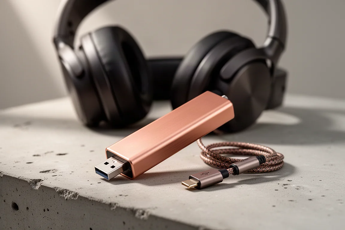 Slim copper-toned USB dongle DAC beside over-ear headphones on a concrete surface