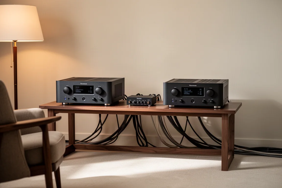 Compact hi-fi listening room with two amplifiers side by side on a low wooden rack