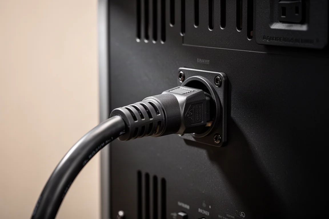 Heavy power cable connector seated in the rear inlet of a black amplifier