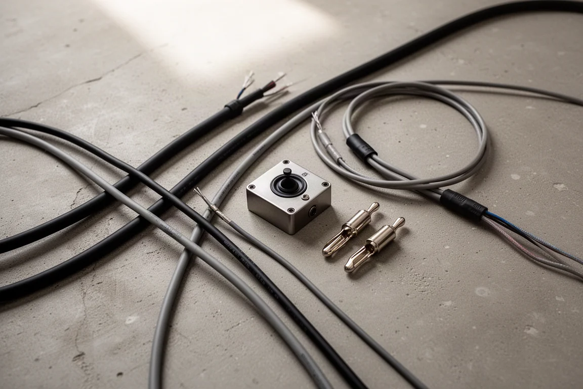 Overhead flat lay of two power cables, a speaker switch box, and banana plugs on concrete
