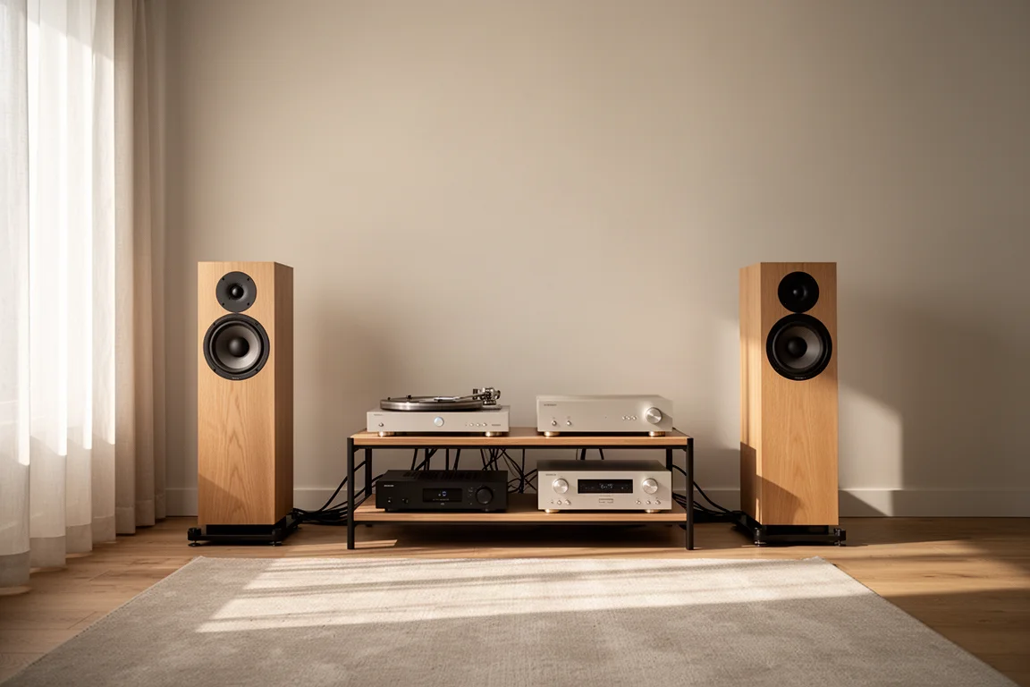 Home listening corner with stand-mounted speakers and an equipment rack in afternoon light