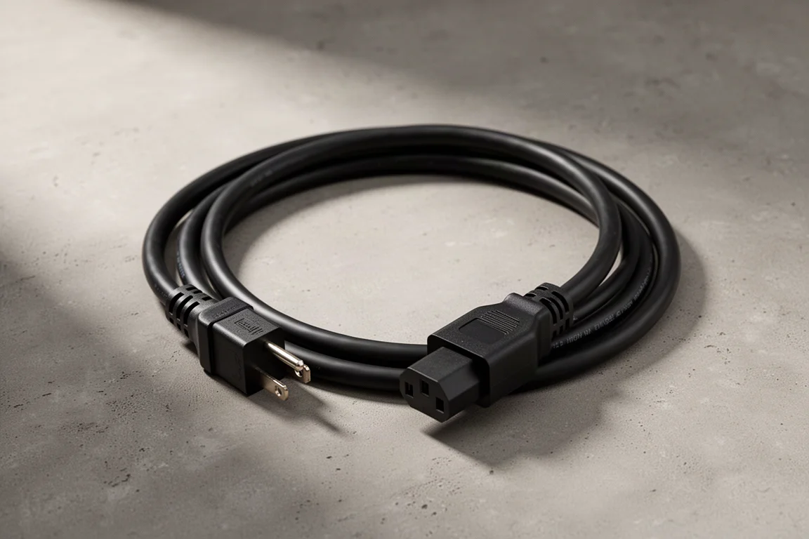 Thick black AC power cable coiled on a concrete surface with heavy connectors